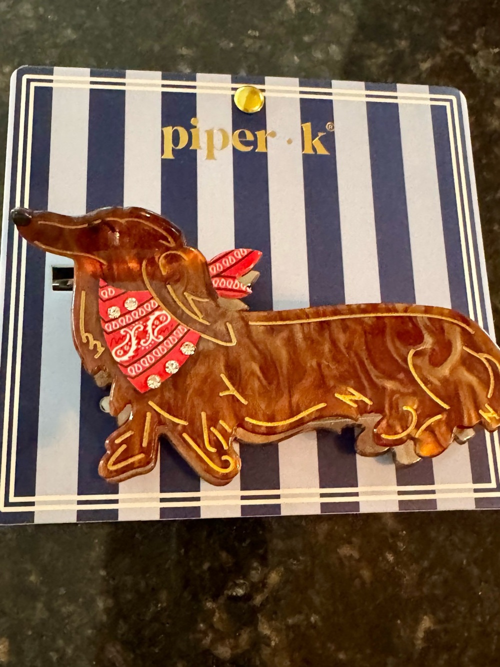 Piper Brown Dachshund Hair Clip With Red Rhinestone Bandana